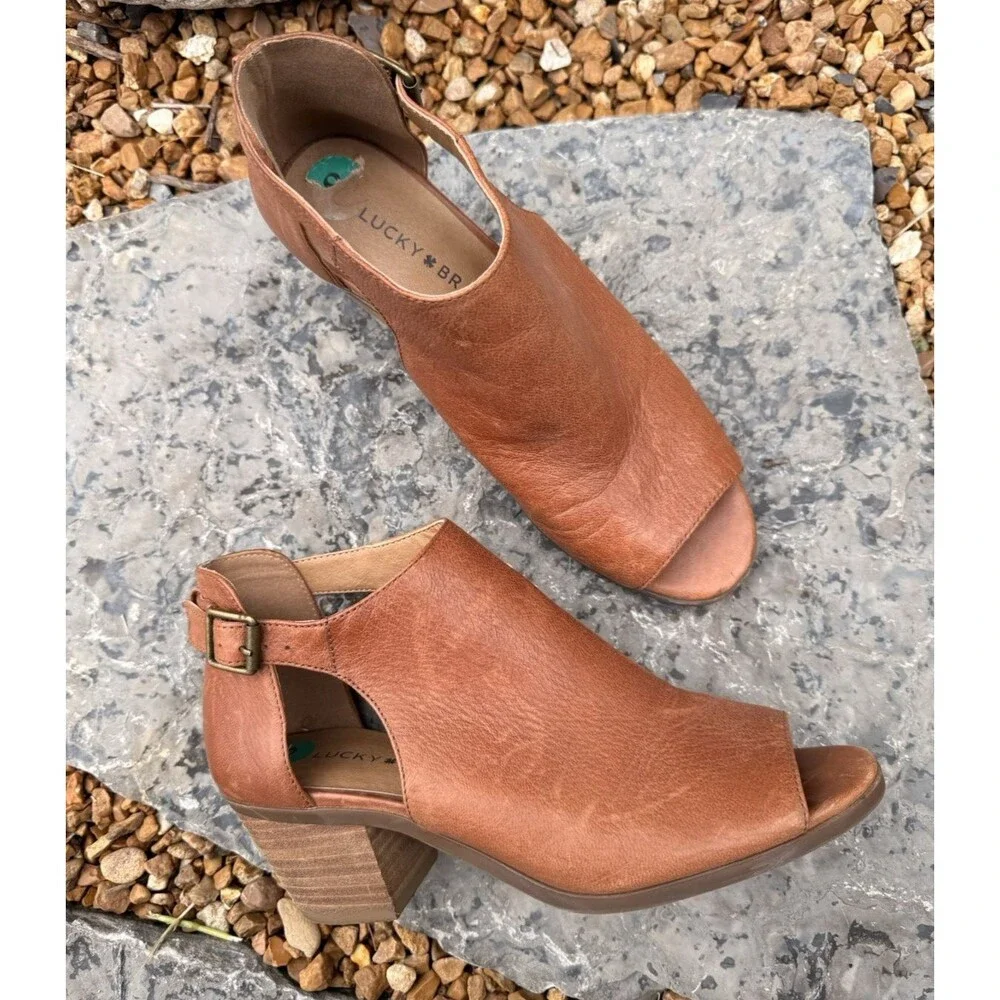 Lucky Brand Barimo Open Toe Booties Women Size 8 M Brown Leather Block Heels